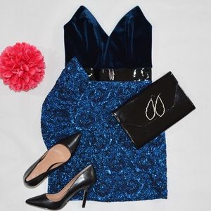 Topshop Velvet Jacquard Strapless Blue Mini Dress